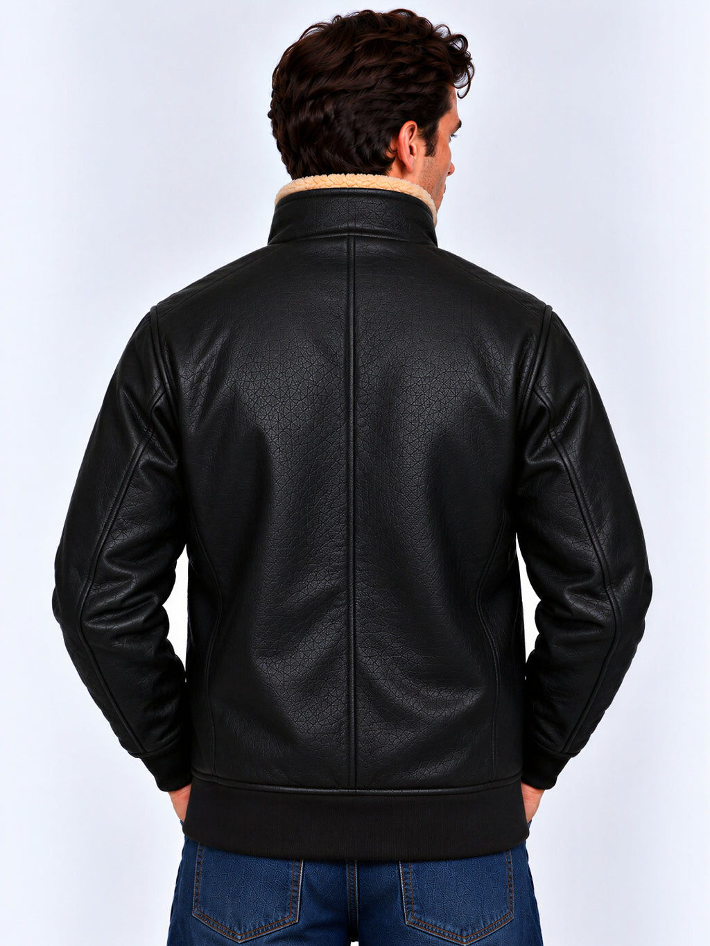 Black Faux Leather Sherpa Collar Bomber Jacket