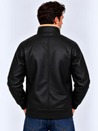 Black Faux Leather Sherpa Collar Bomber Jacket