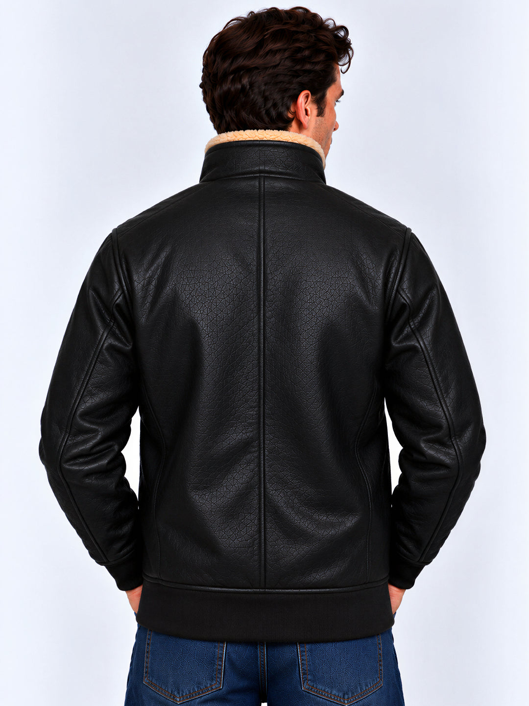 Black Faux Leather Sherpa Collar Bomber Jacket