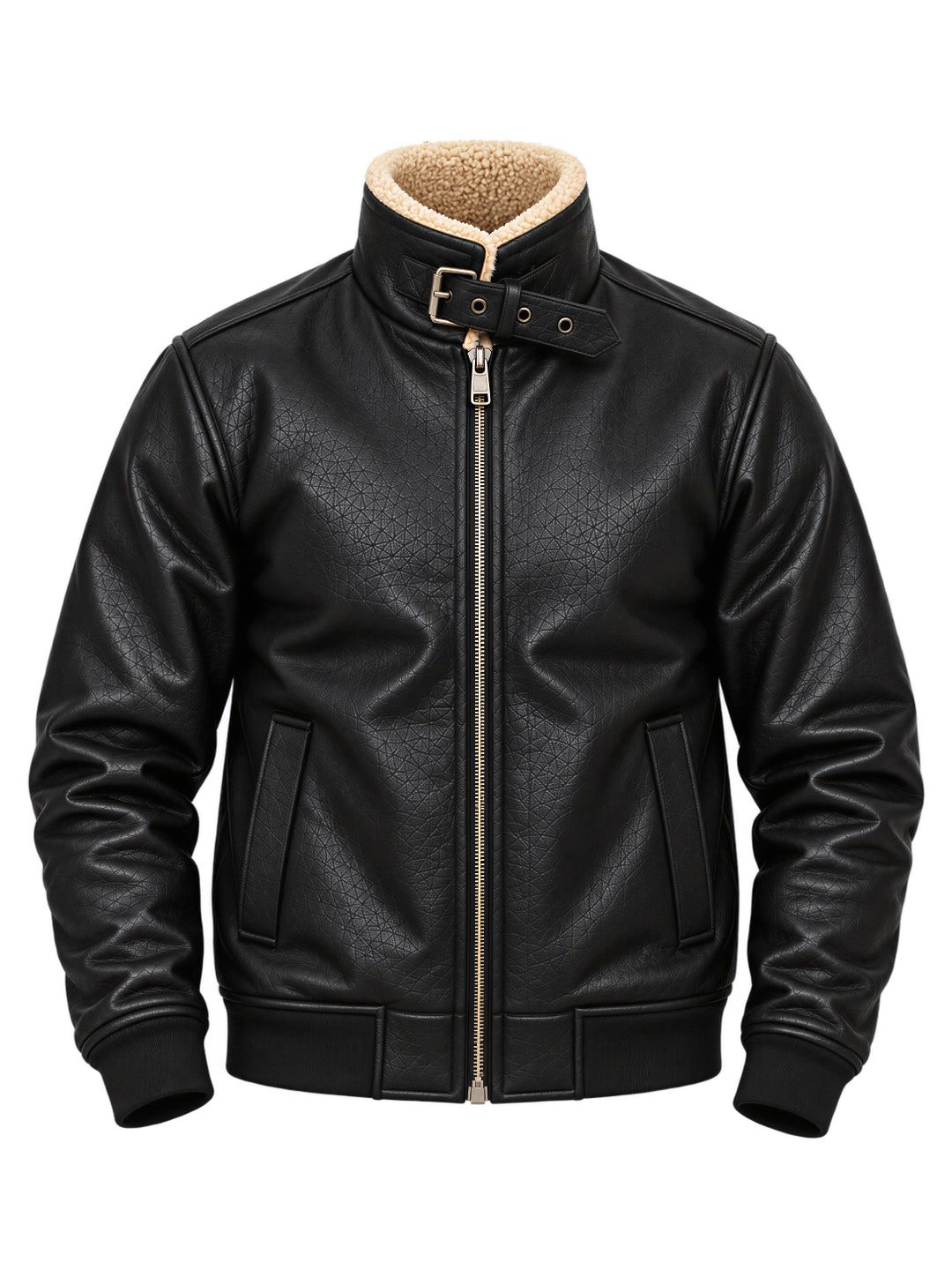 Black Faux Leather Sherpa Collar Bomber Jacket Secondary image