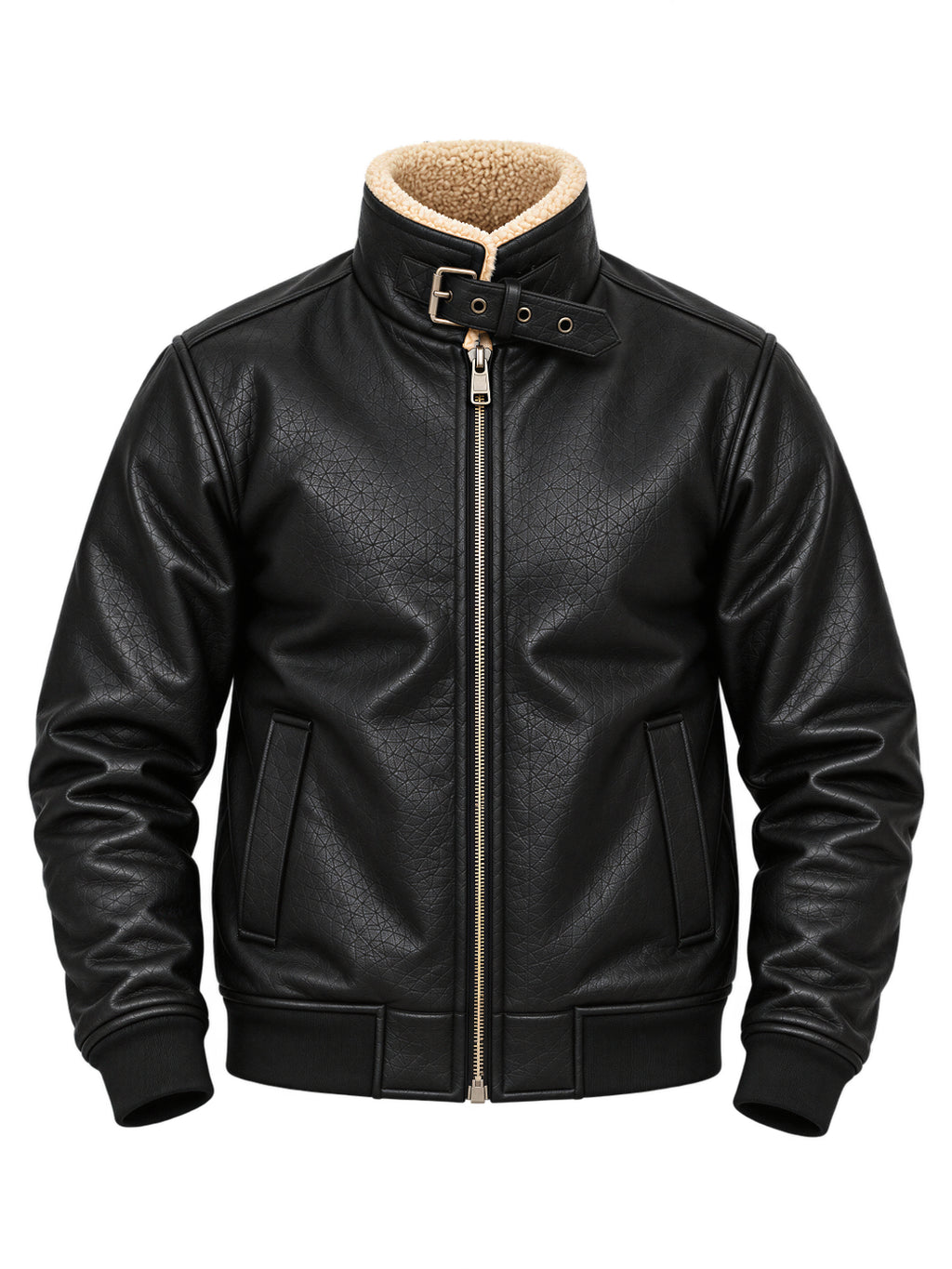 Black Faux Leather Sherpa Collar Bomber Jacket