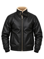 Black Faux Leather Sherpa Collar Bomber Jacket