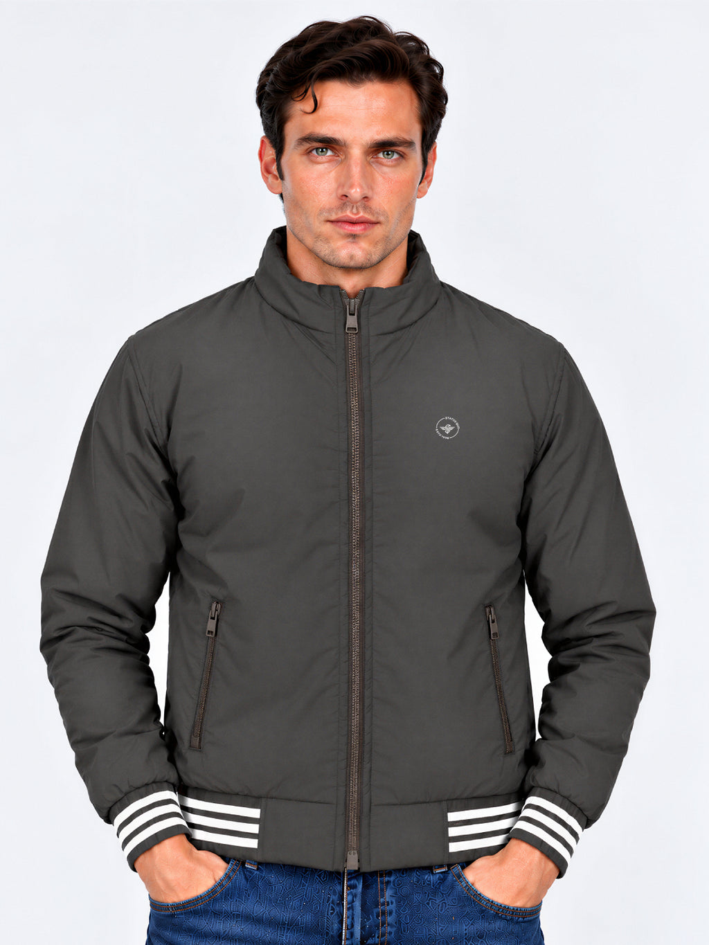 Brown Striped Cuff Zip-Up Jacket