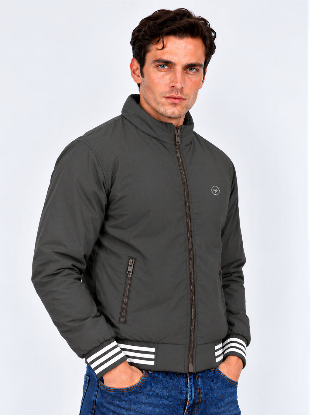 Brown Striped Cuff Zip-Up Jacket