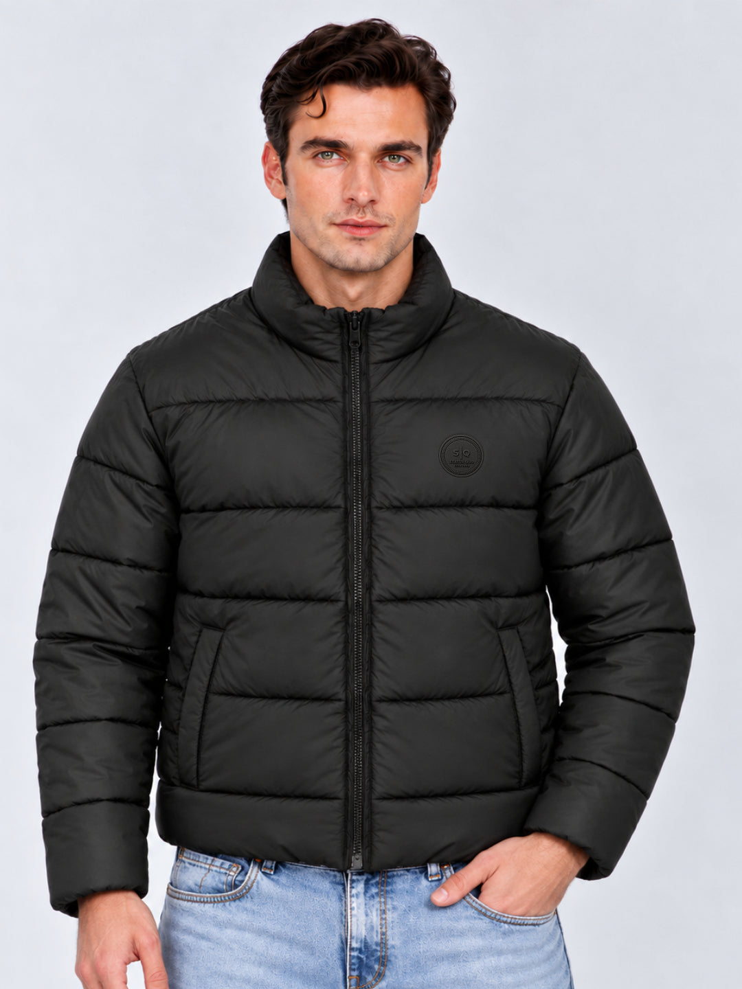 Regular Fit Solid Stand Collar Polyester Jacket