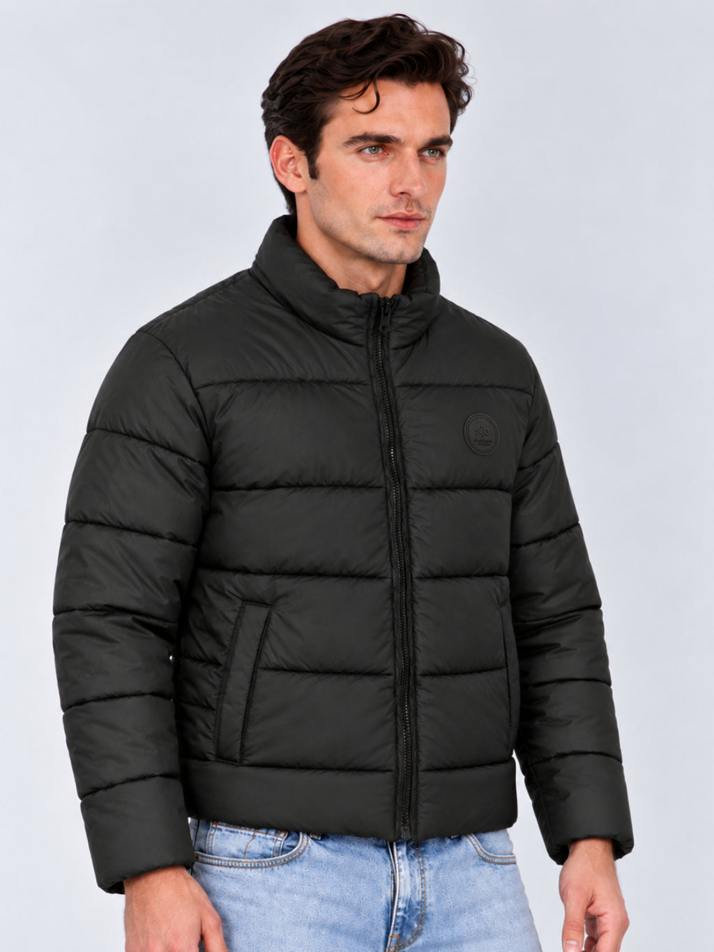 Regular Fit Solid Stand Collar Polyester Jacket