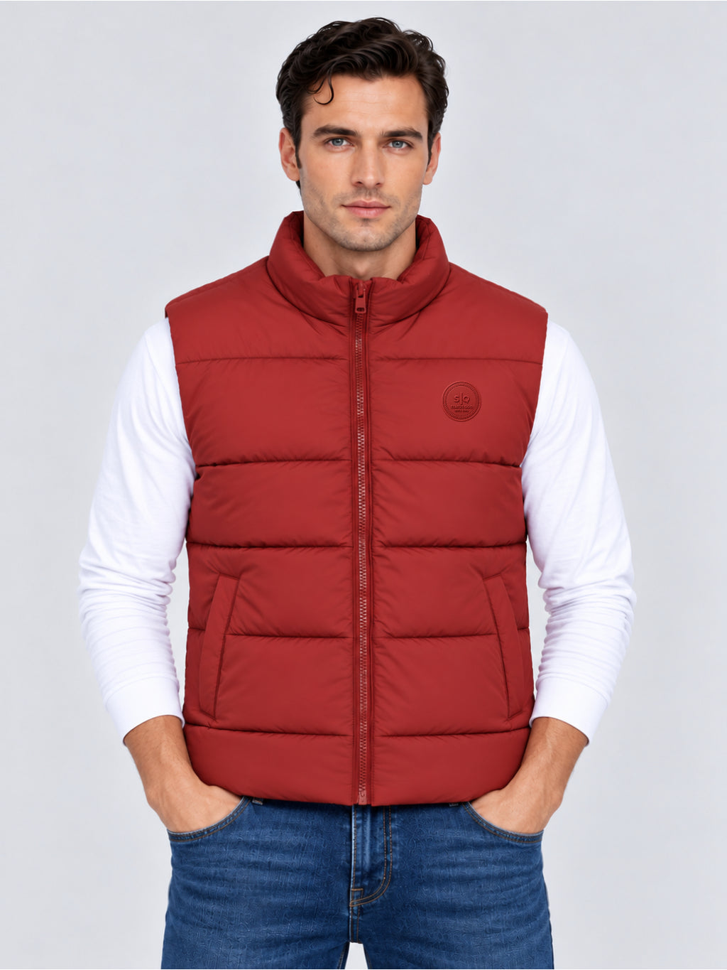 Solid Stand Collar Polyester Sleeveless Regular Fit Jacket