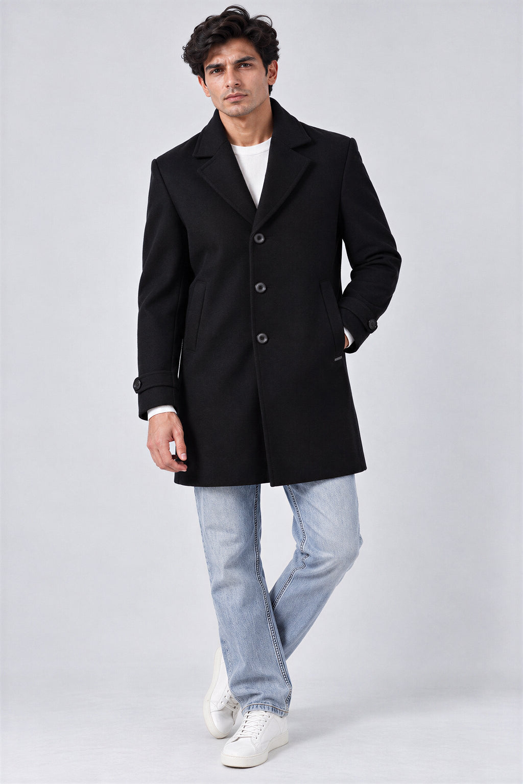 Men’s Solid Lapel Collar Long Sleeve Buttoned Coat