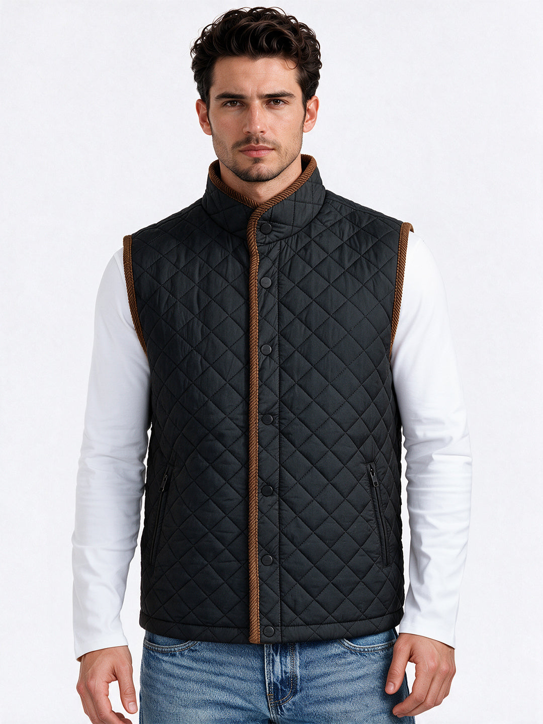 Men's Polyester Stand Collar Sleeveless Regular Fit Jacket