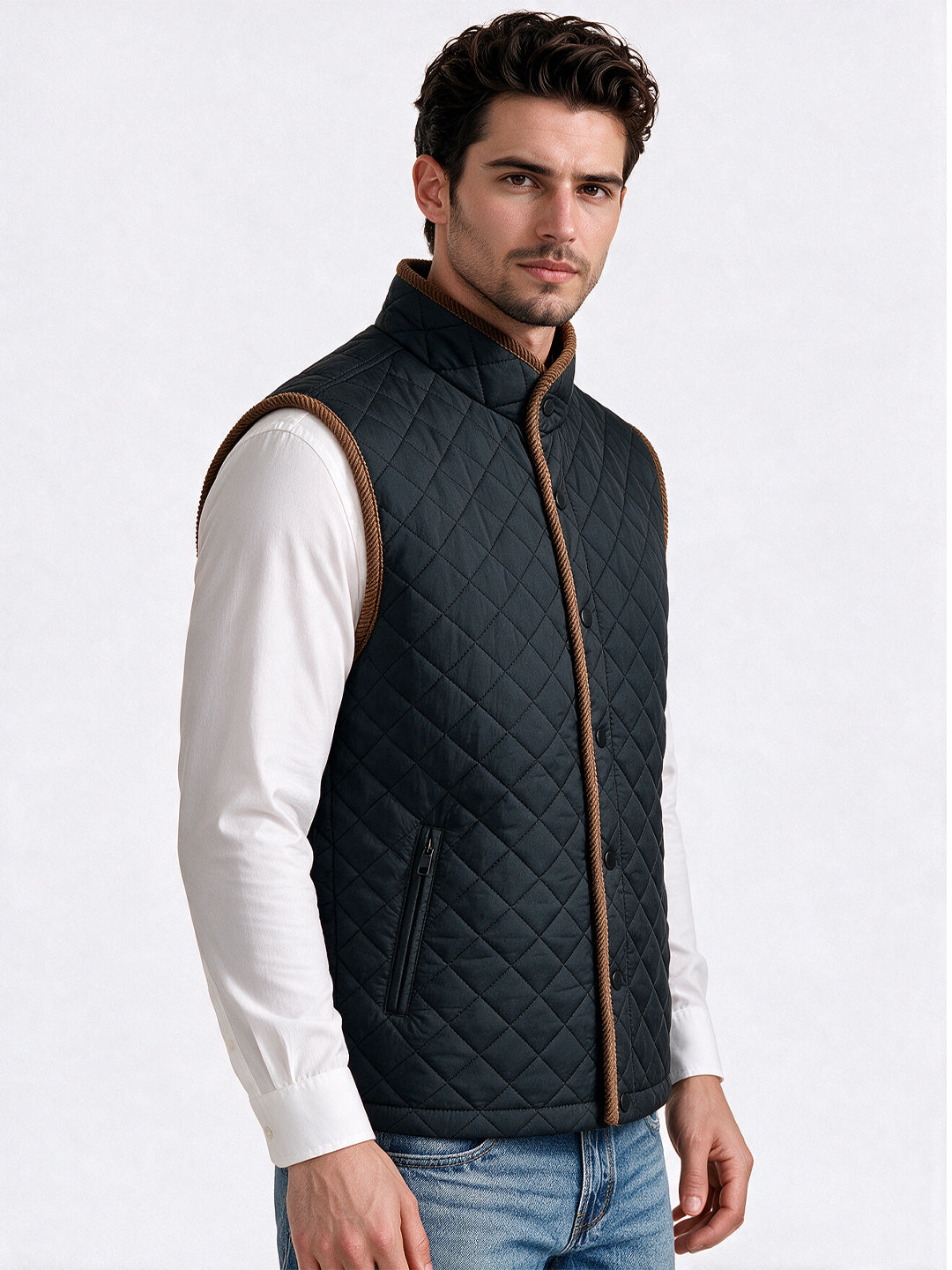 Men's Polyester Stand Collar Sleeveless Regular Fit Jacket