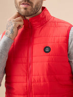 Men's Quilted Sleeveless Puffer Jacket with Side Patch Logo and Zipper Closure