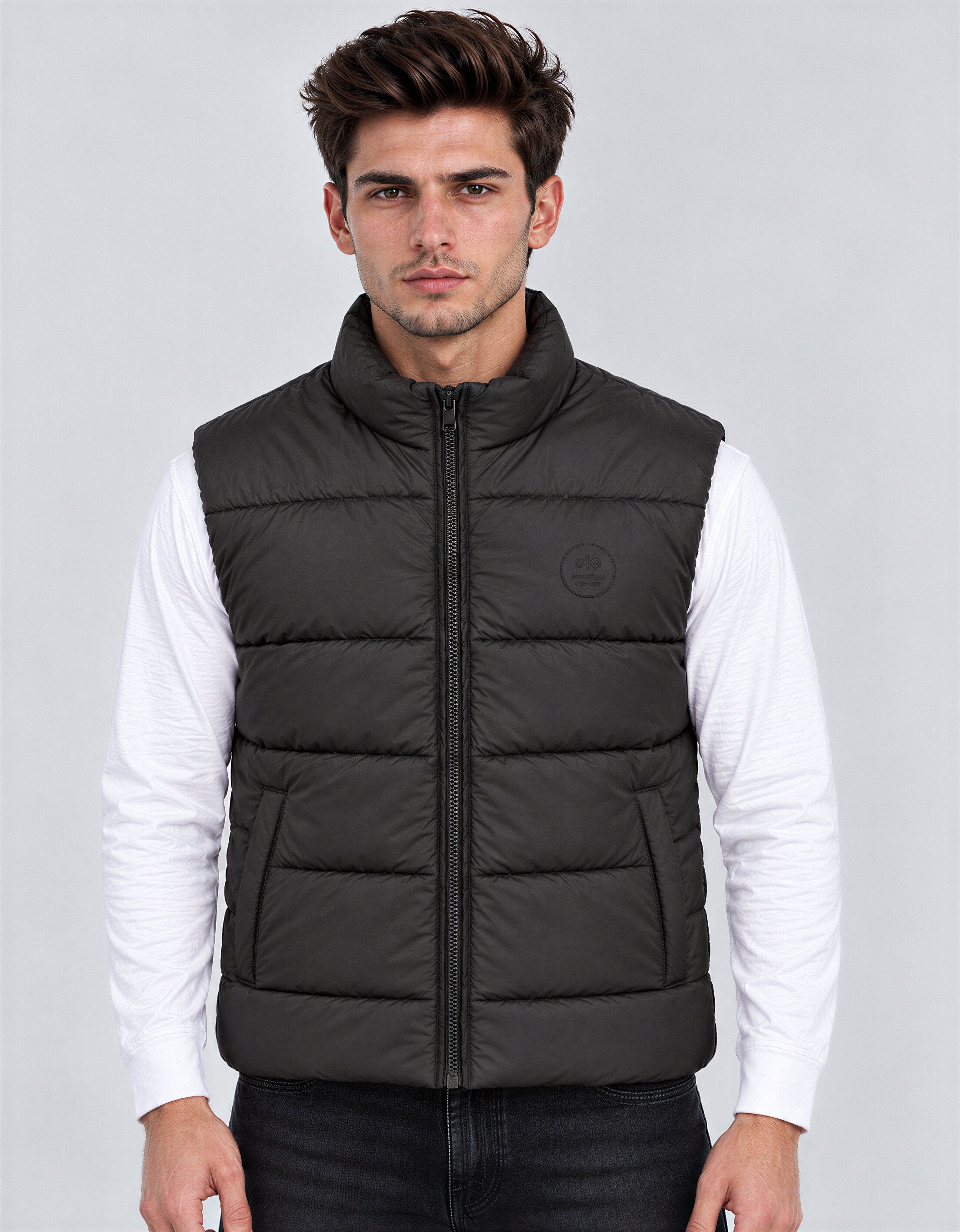 Men's Solid Stand Collar Sleeveless Regular Fit Jacket Secondary image