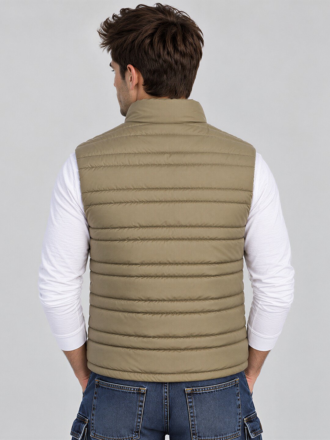 Men's Solid Stand Collar Sleeveless Regular Fit Jacket