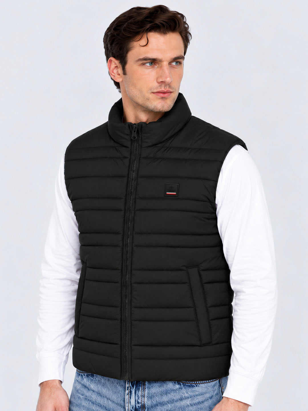 Regular Fit Solid Stand Collar Polyester Jacket