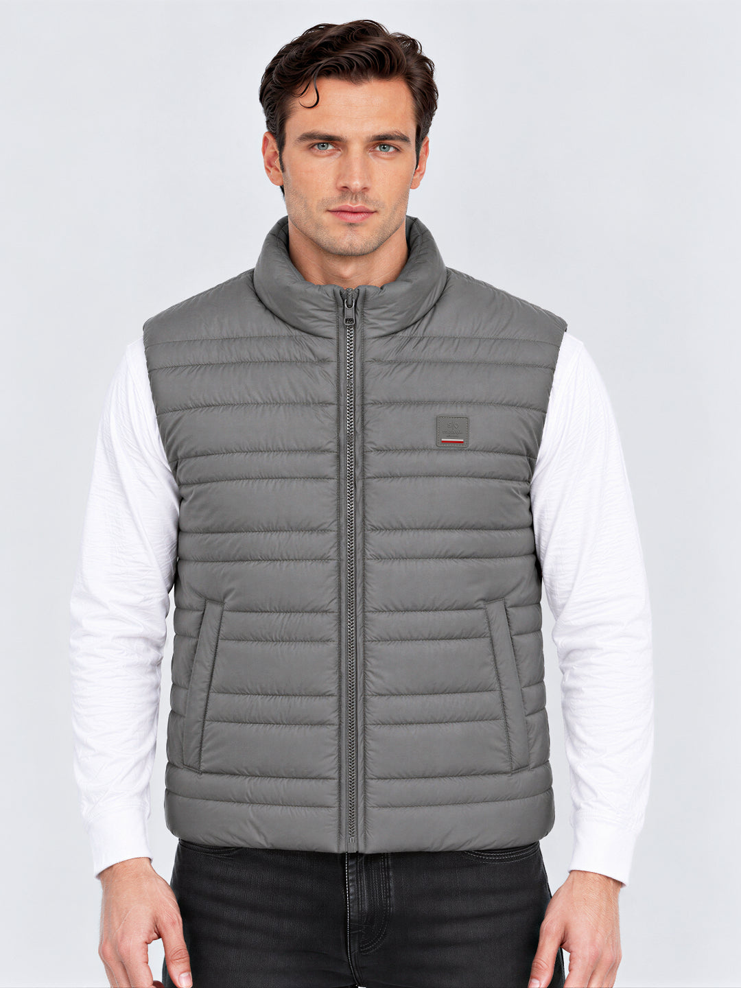 Regular Fit Solid Stand Collar Polyester Jacket