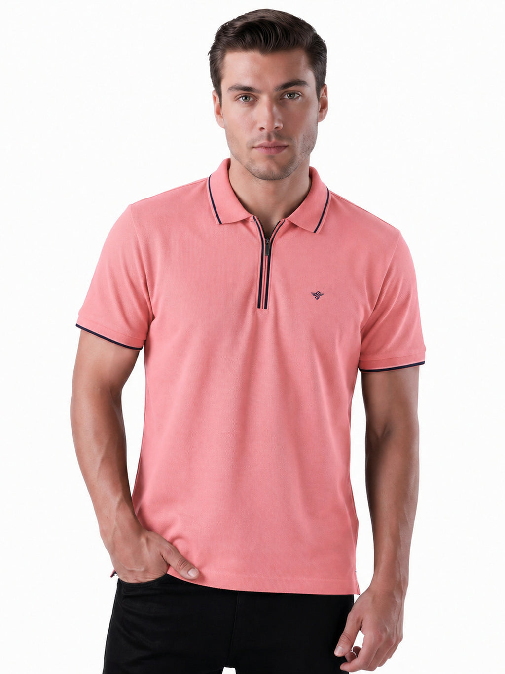 Solid Regular Fit Zipper Polo T-shirt with Tipped Details