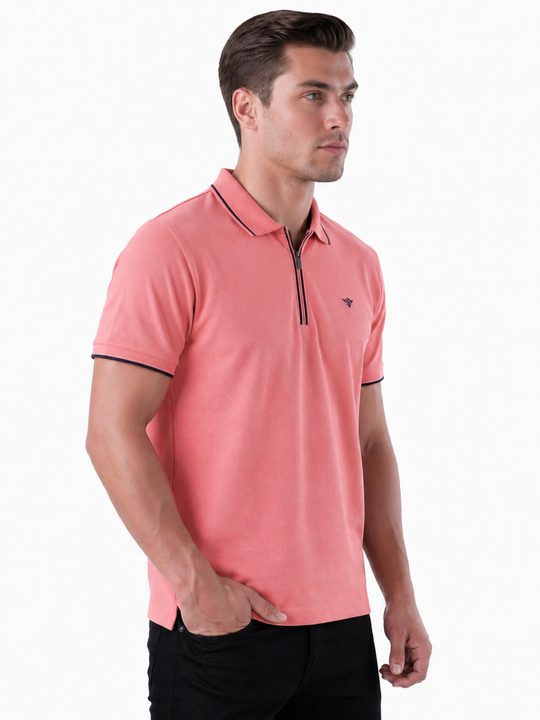 Solid Regular Fit Zipper Polo T-shirt with Tipped Details