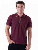 Solid Regular Fit Zipper Polo T-shirt with Tipped Details