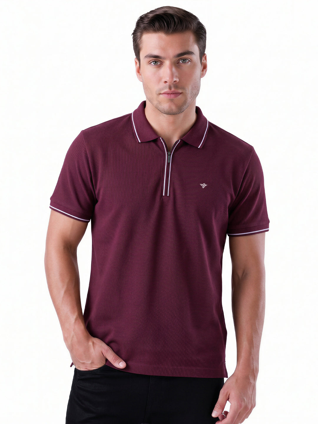 Solid Regular Fit Zipper Polo T-shirt with Tipped Details