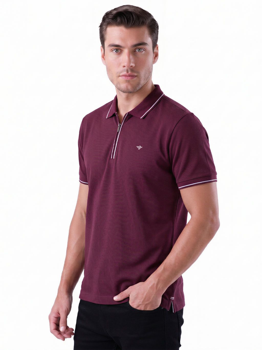 Solid Regular Fit Zipper Polo T-shirt with Tipped Details