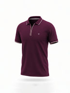Solid Regular Fit Zipper Polo T-shirt with Tipped Details