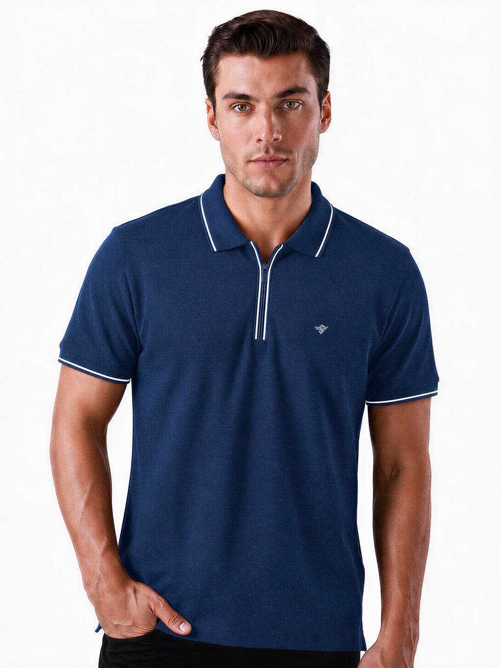 Solid Brand Logo Zipper Closure Regular Fit Polo T-shirt