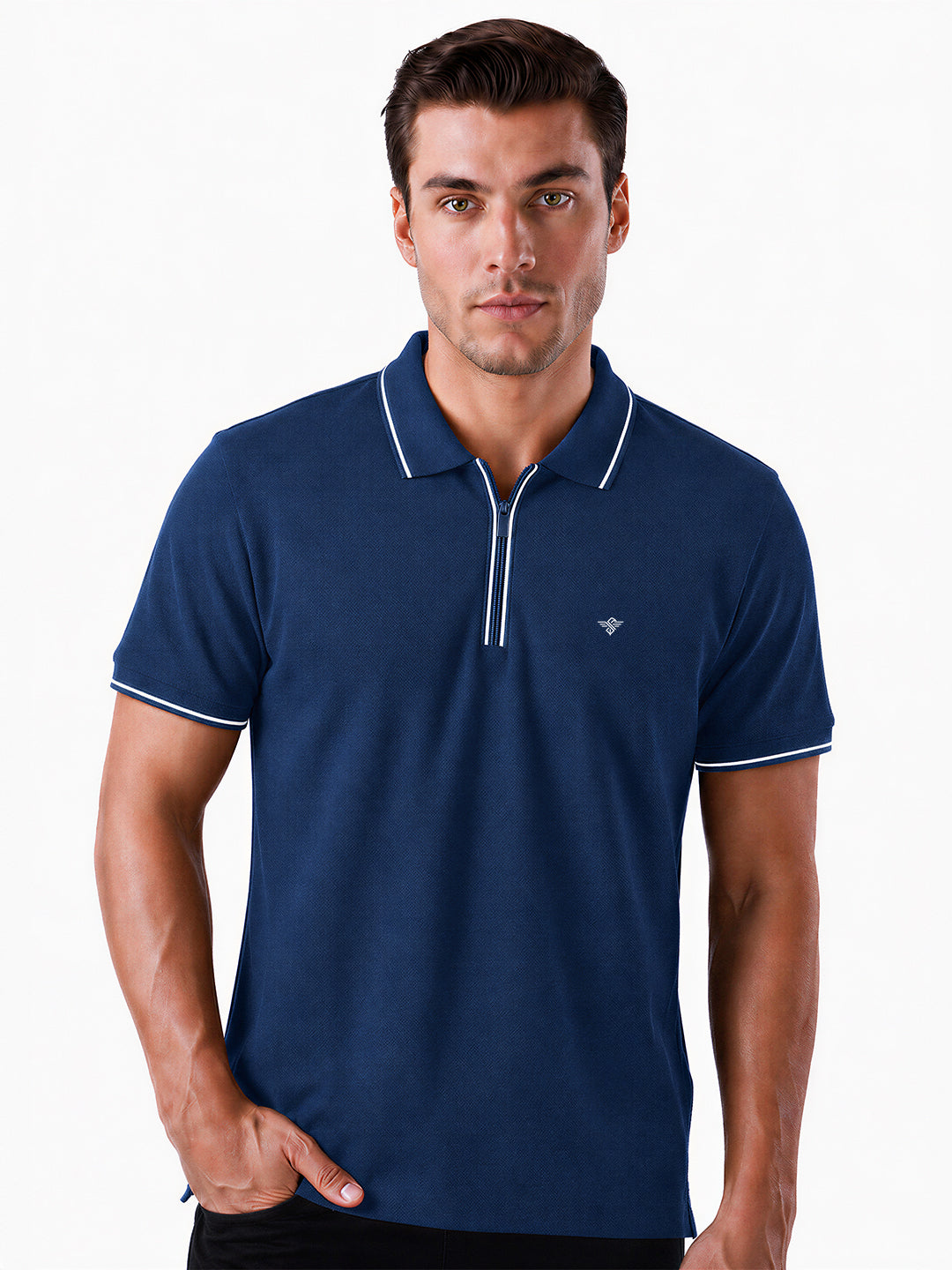 Solid Brand Logo Zipper Closure Regular Fit Polo T-shirt