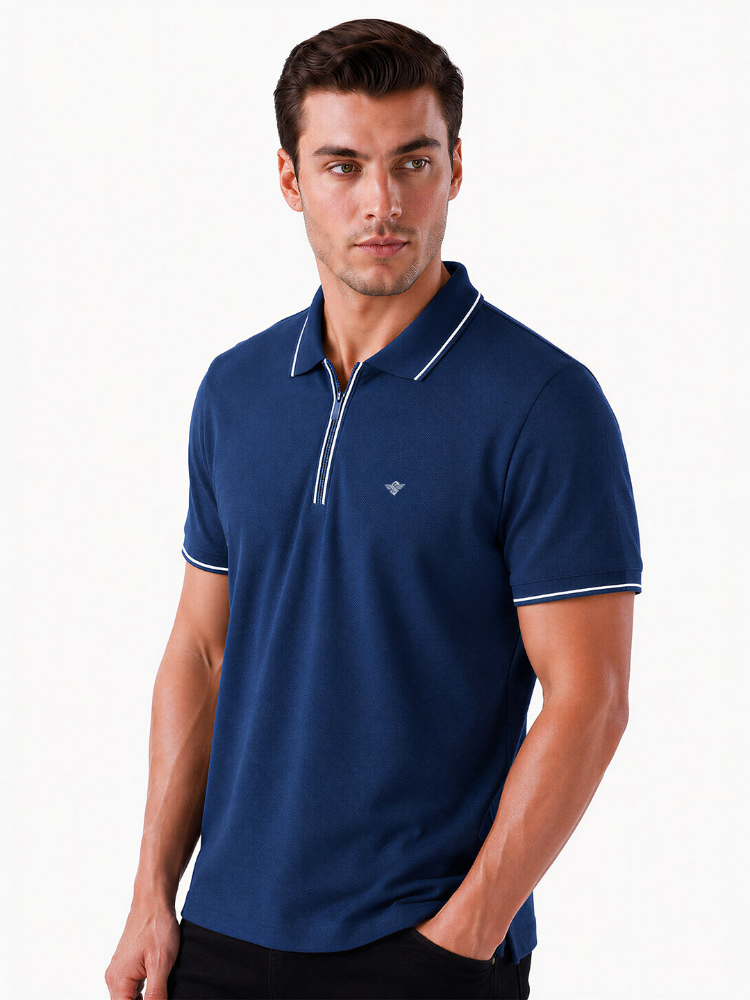 Solid Brand Logo Zipper Closure Regular Fit Polo T-shirt