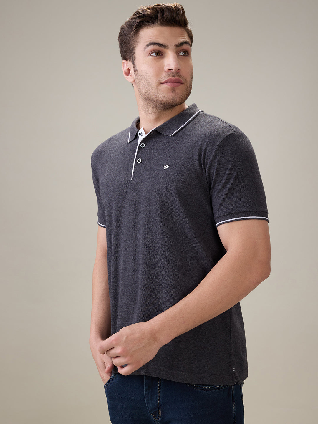 Status Quo Men's Solid Regular Fit Polo T-Shirt with Tipped Collar and Button Closure Secondary image