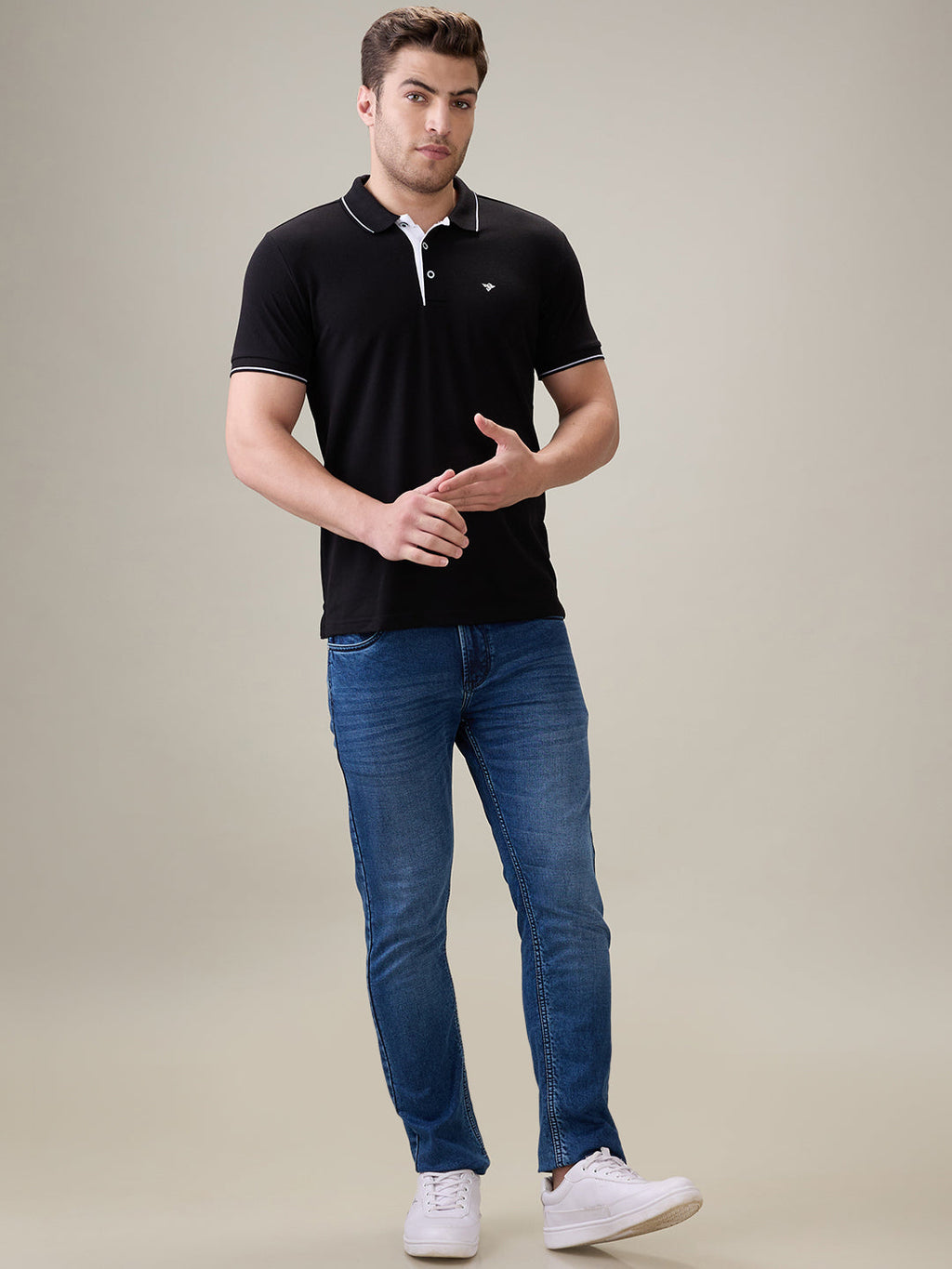 Status Quo Men's Solid Regular Fit Polo T-Shirt with Tipped Collar and Button Closure