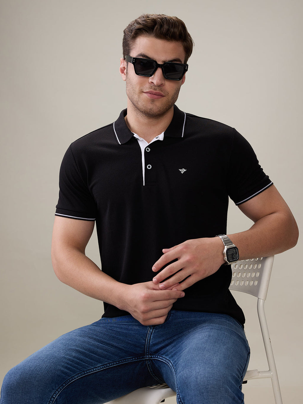 Status Quo Men's Solid Regular Fit Polo T-Shirt with Tipped Collar and Button Closure