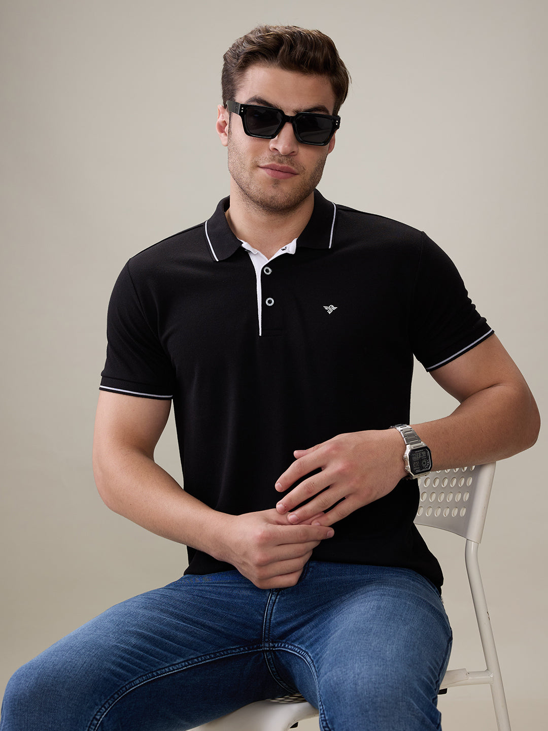 Status Quo Men's Solid Regular Fit Polo T-Shirt with Tipped Collar and Button Closure