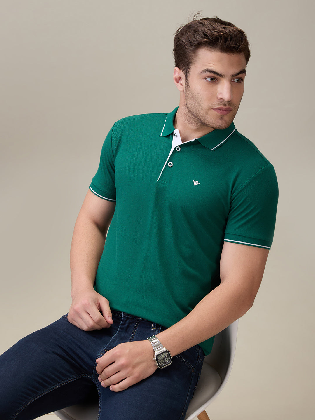 Status Quo Men's Solid Regular Fit Polo T-Shirt with Tipped Collar and Button Closure Secondary image