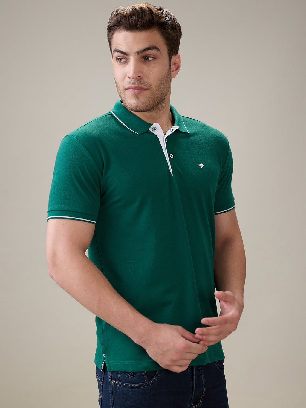 Status Quo Men's Solid Regular Fit Polo T-Shirt with Tipped Collar and Button Closure