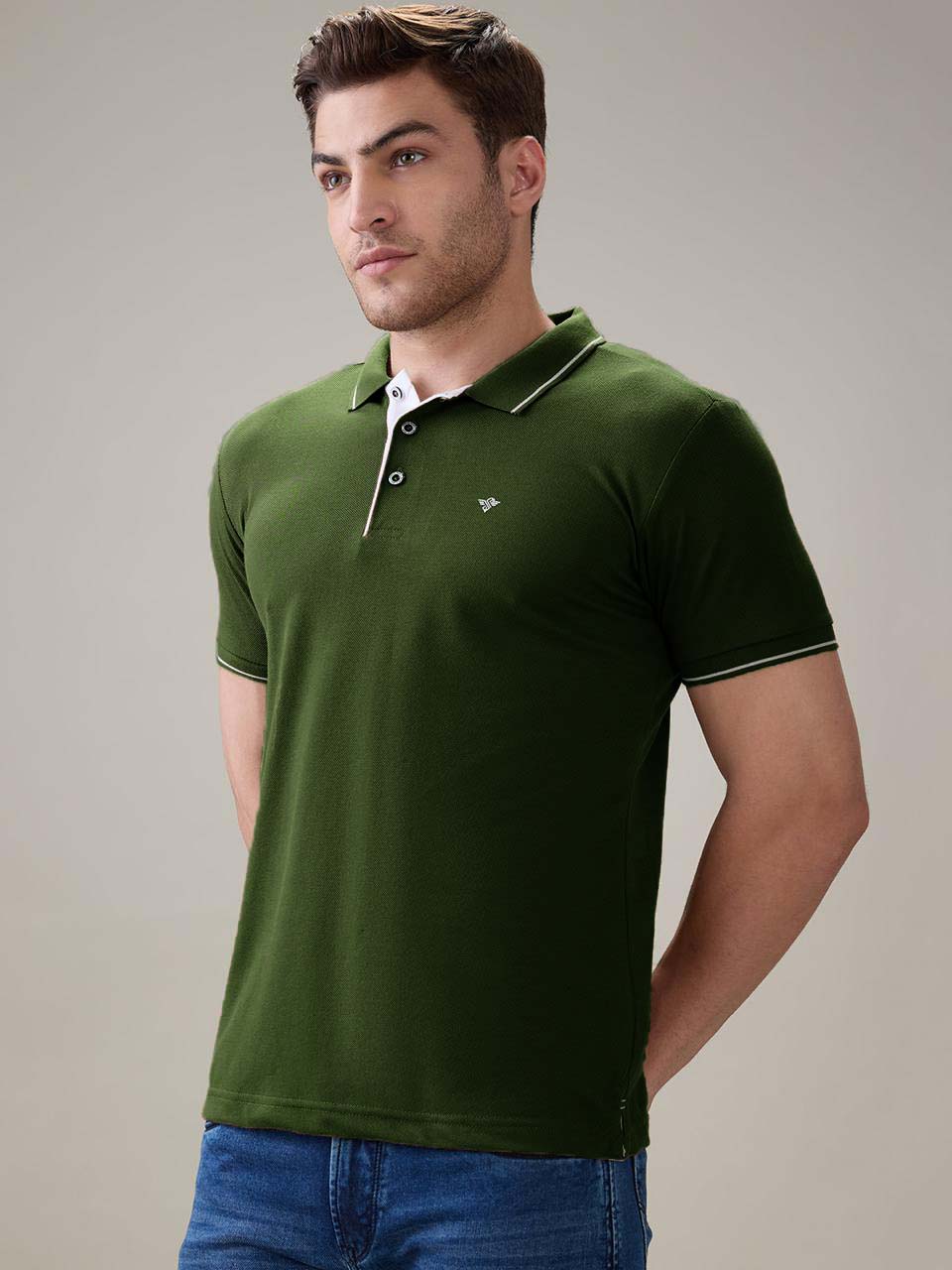Status Quo Men's Solid Regular Fit Polo T-Shirt with Tipped Collar and Button Closure Secondary image