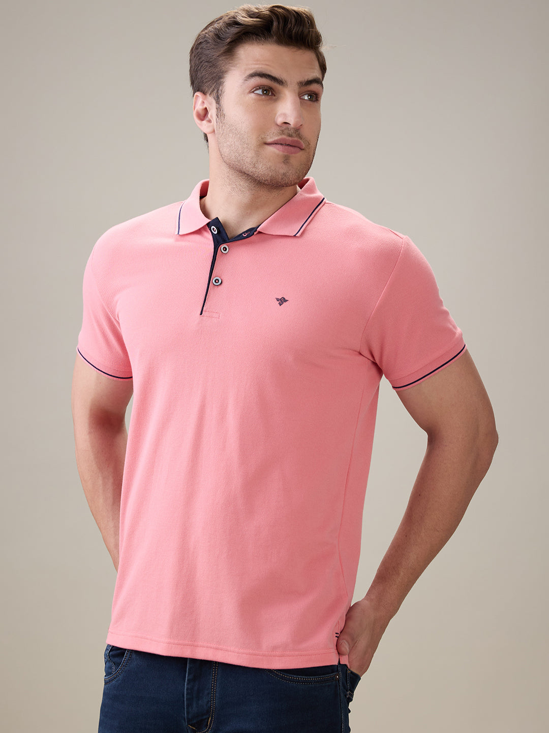 Status Quo Men's Solid Regular Fit Polo T-Shirt with Tipped Collar and Button Closure Secondary image