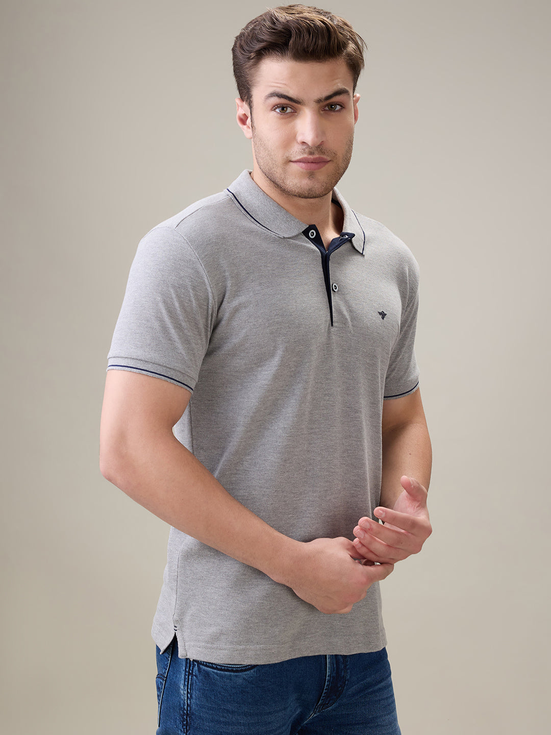 Status Quo Men's Solid Regular Fit Polo T-Shirt with Tipped Collar and Button Closure Secondary image