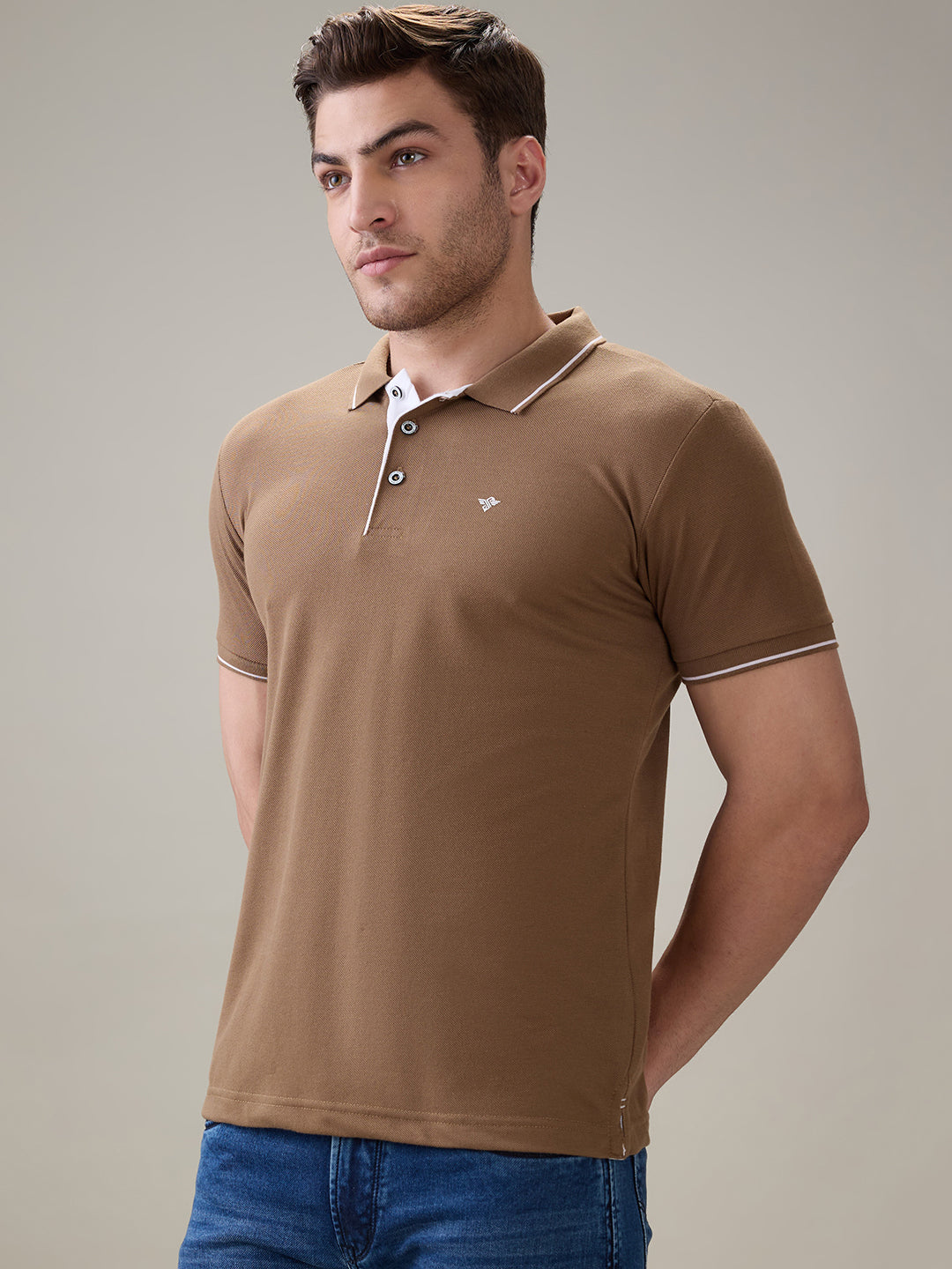Status Quo Men's Solid Regular Fit Polo T-Shirt with Tipped Collar and Button Closure Secondary image