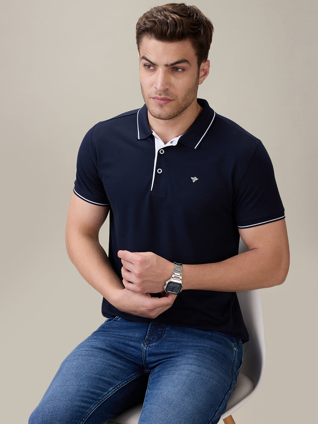 Status Quo Men's Solid Regular Fit Polo T-Shirt with Tipped Collar and Button Closure