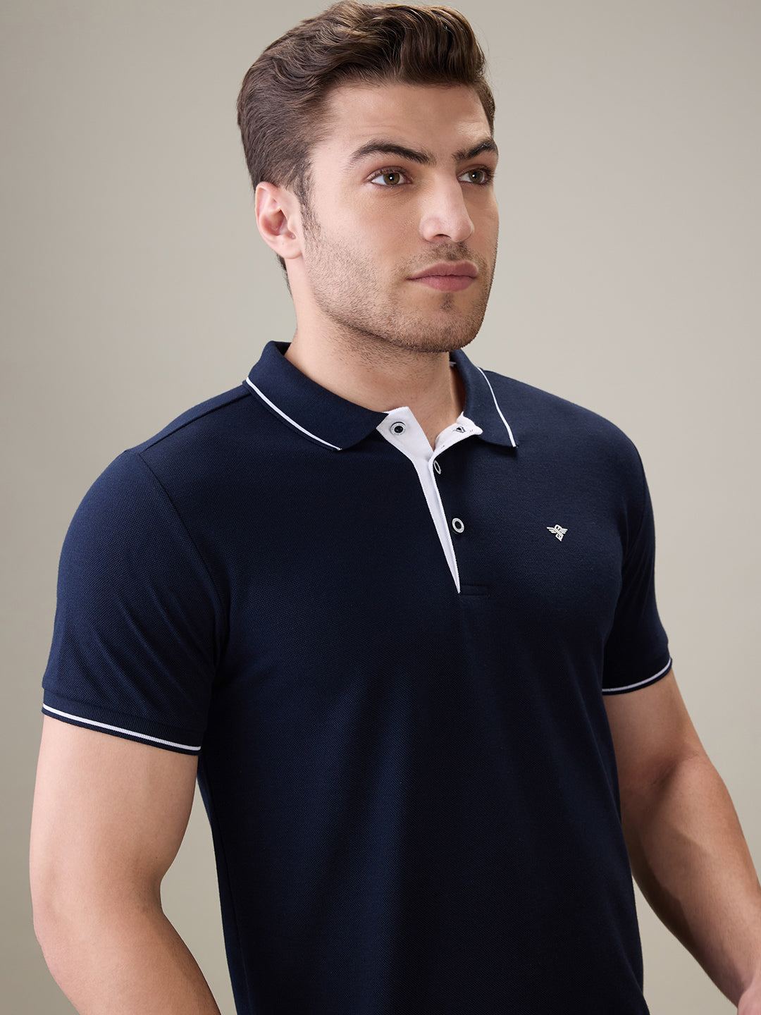 Status Quo Men's Solid Regular Fit Polo T-Shirt with Tipped Collar and Button Closure