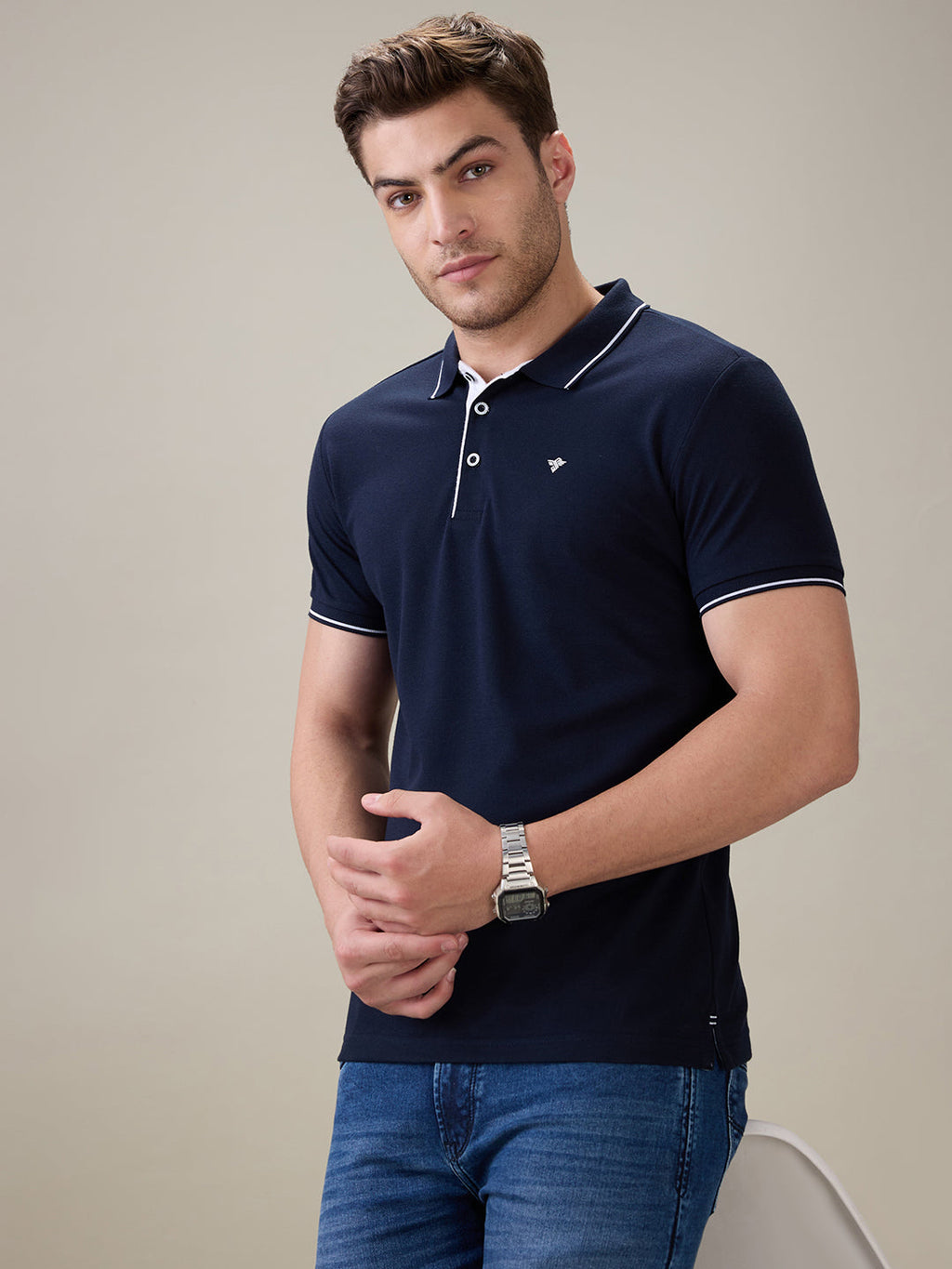 Status Quo Men's Solid Regular Fit Polo T-Shirt with Tipped Collar and Button Closure