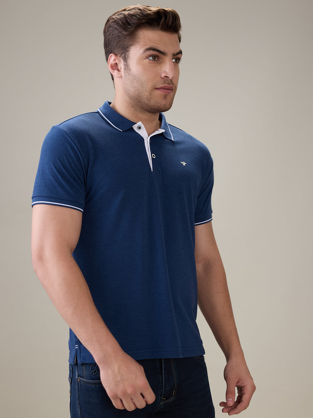 Status Quo Men's Solid Regular Fit Polo T-Shirt with Tipped Collar and Button Closure Secondary image