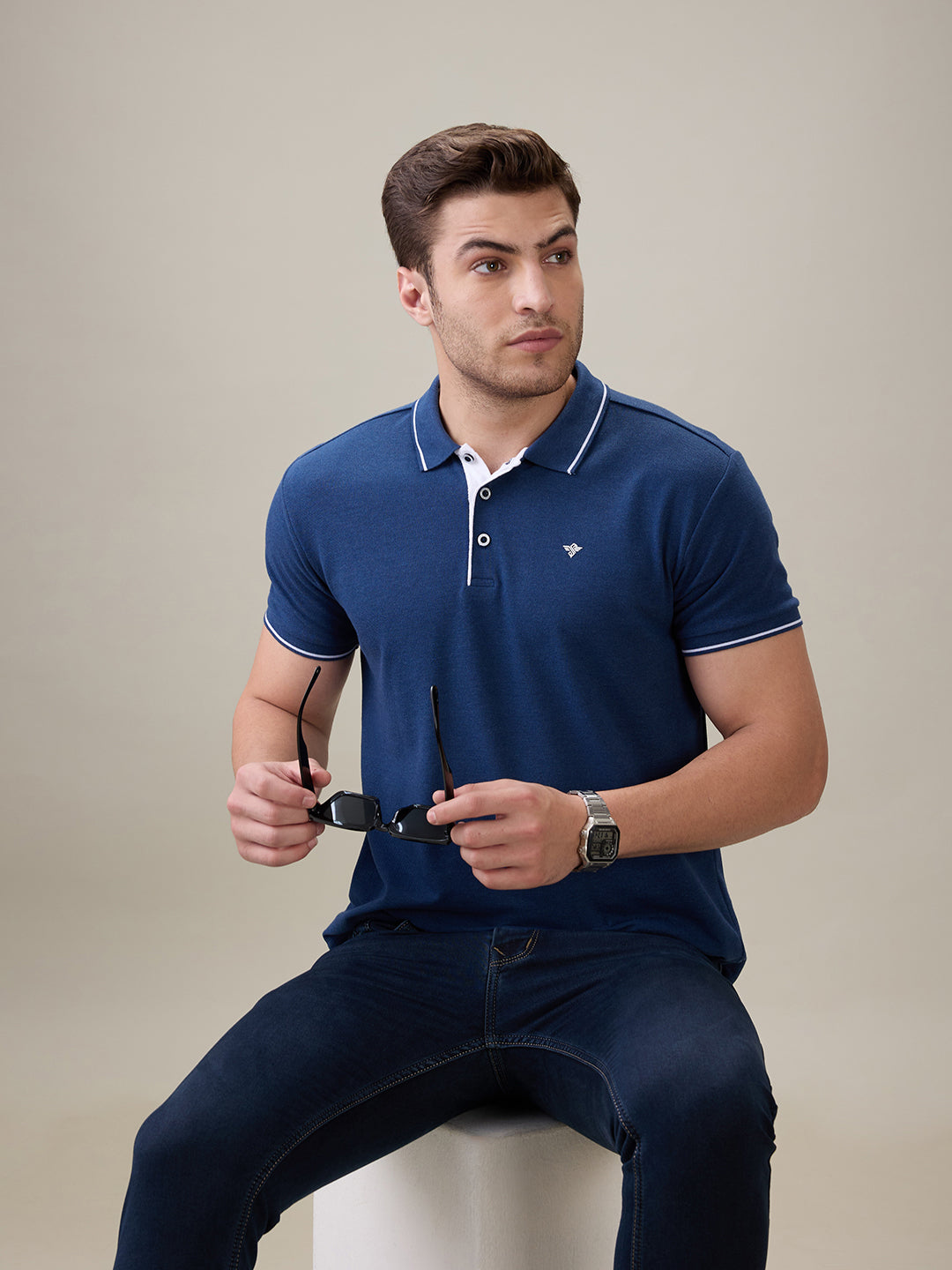 Status Quo Men's Solid Regular Fit Polo T-Shirt with Tipped Collar and Button Closure