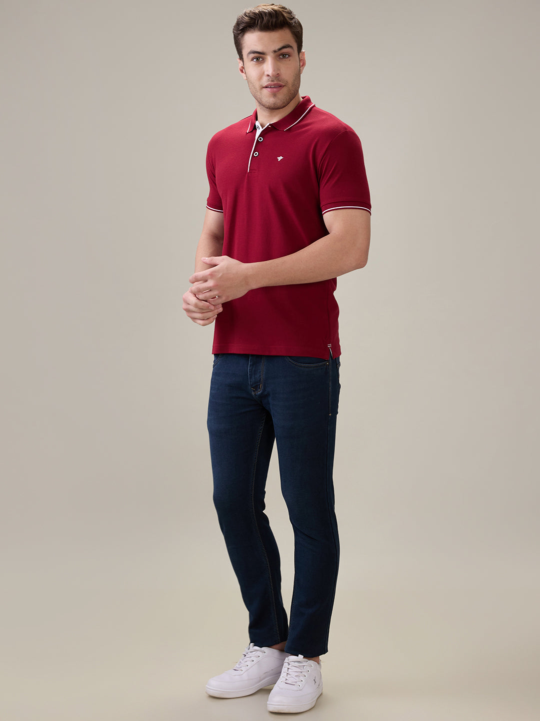 Status Quo Men's Solid Regular Fit Polo T-Shirt with Tipped Collar and Button Closure