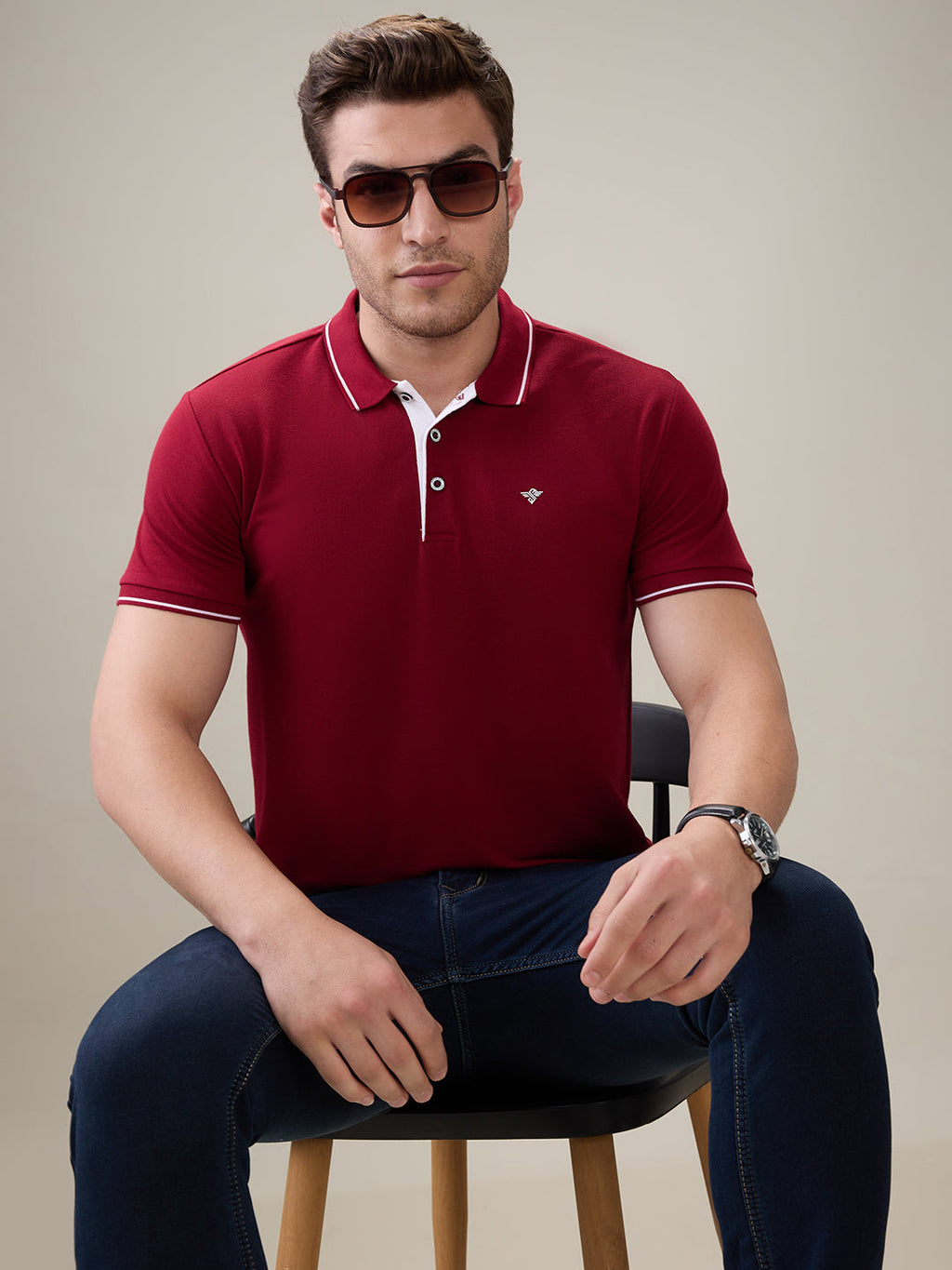 Status Quo Men's Solid Regular Fit Polo T-Shirt with Tipped Collar and Button Closure