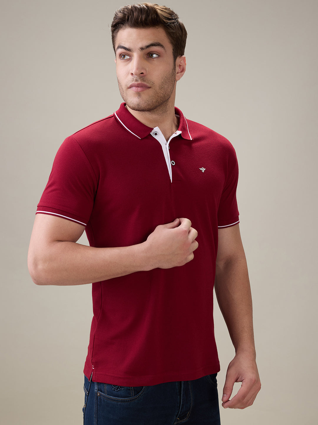 Status Quo Men's Solid Regular Fit Polo T-Shirt with Tipped Collar and Button Closure Secondary image