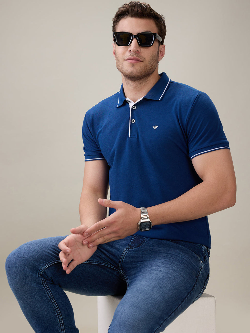 Status Quo Men's Solid Regular Fit Polo T-Shirt with Tipped Collar and Button Closure