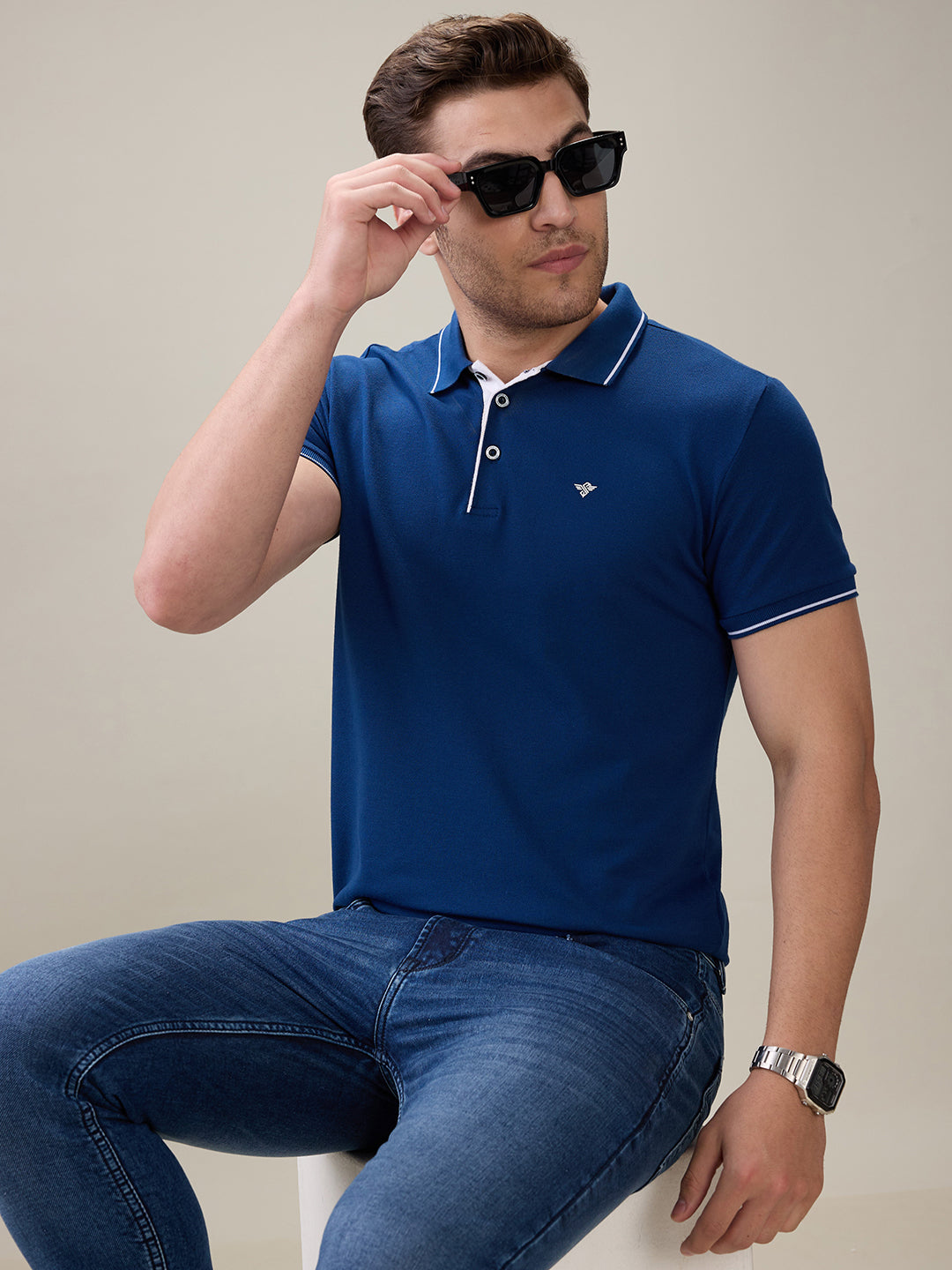 Status Quo Men's Solid Regular Fit Polo T-Shirt with Tipped Collar and Button Closure