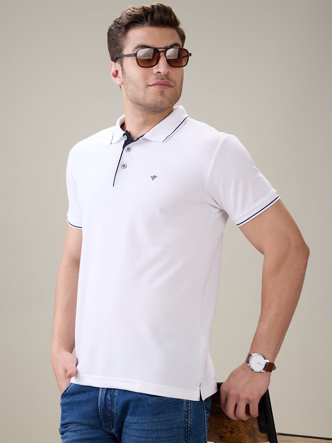 Status Quo Men's Solid Regular Fit Polo T-Shirt with Tipped Collar and Button Closure Secondary image