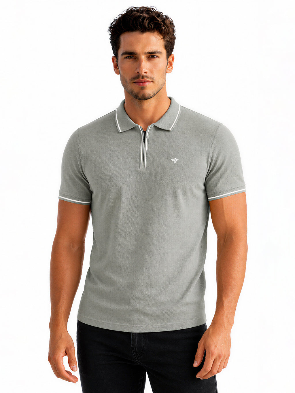Solid Regular Fit Zipper Polo T-shirt with Tipped Details